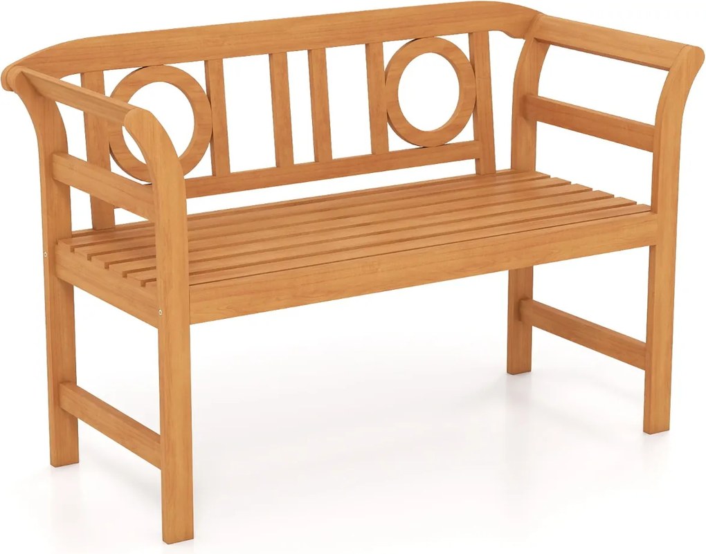 Banco jardim Exterior em Madeira de Acácia 118 x 50 x 78,5 cm para 2 Pessoas com Encosto e Apoios de Braços Circulares Capacidade 360 kg para Varanda,