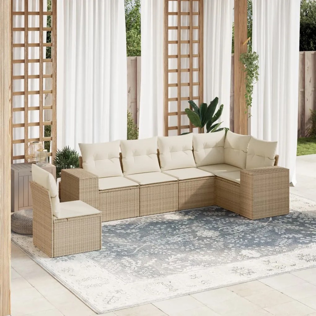 6 pcs conjunto de sofás p/ jardim com almofadões vime PE bege