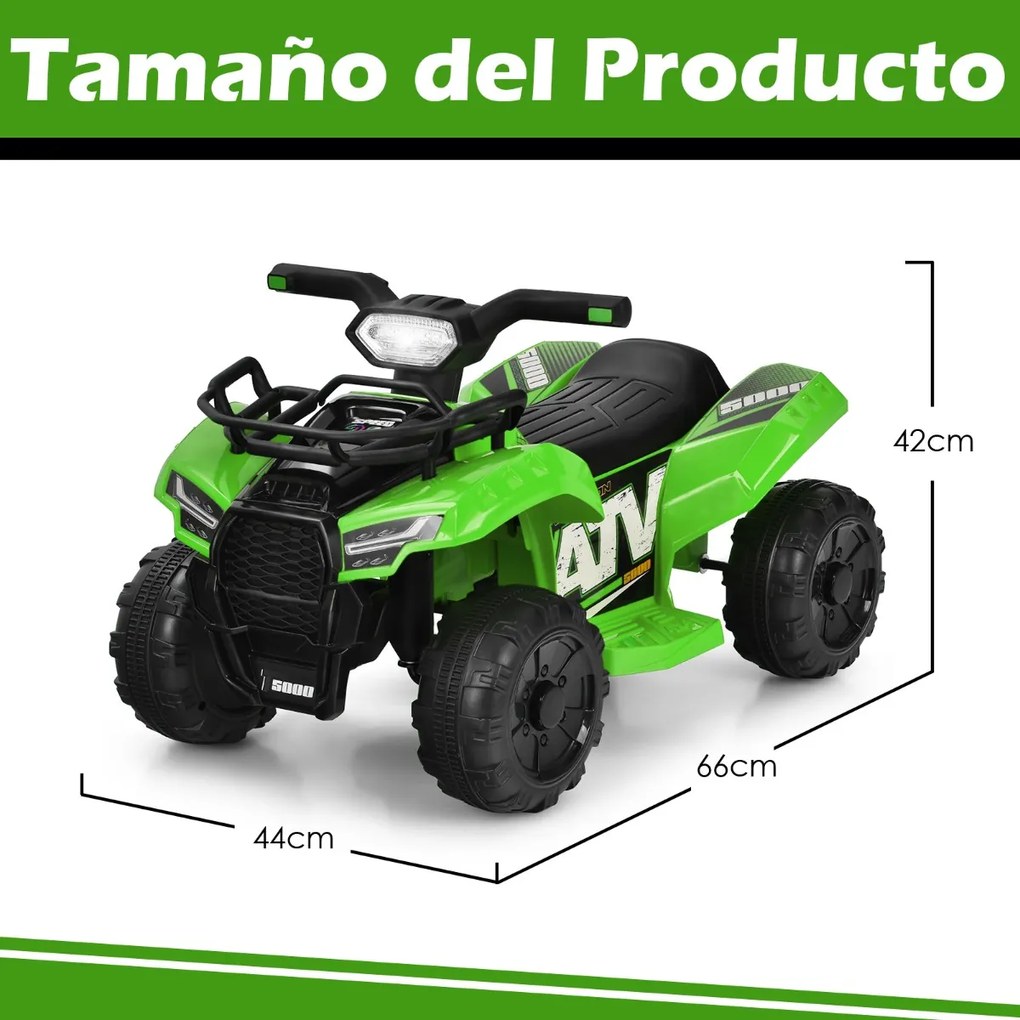 Moto 4 eléctrica 6V para crianças com 4 rodas resistentes ao desgaste Música Buzina Luz LED Guiador suave 44 x 66 x 42 cm Verde