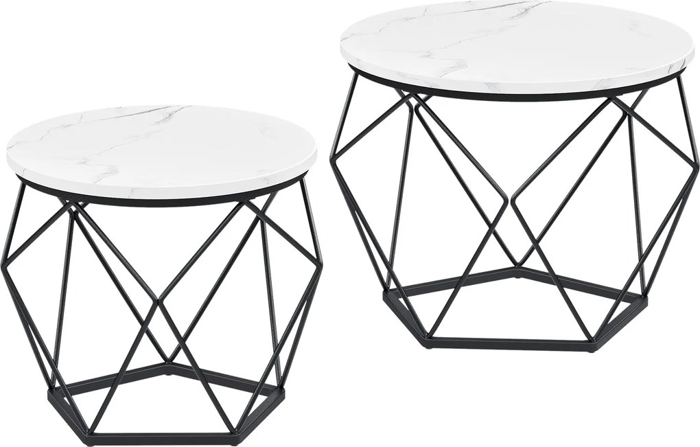 Conjunto de 2 mesas de centro redondas modernas em branco imitação mármore  e preto
