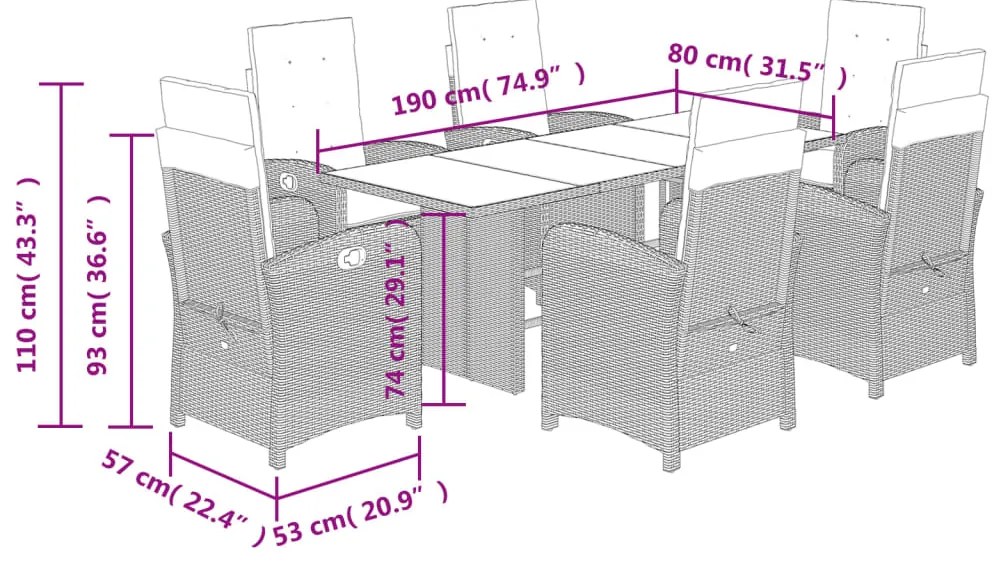 7 pcs conjunto de jantar p/ jardim c/ almofadões vime PE cinza