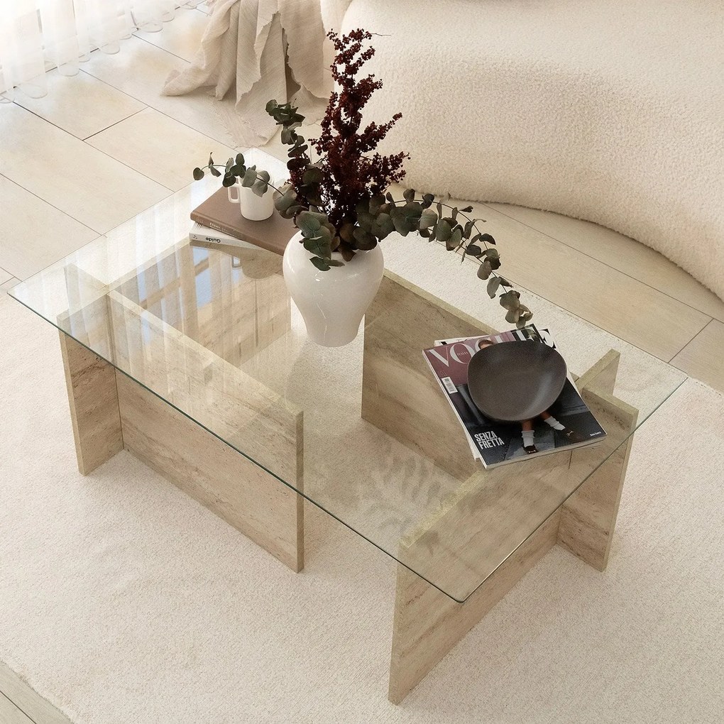 Mesa de Centro em Vidro e Travertino – New Escape – 105x65x40 cm