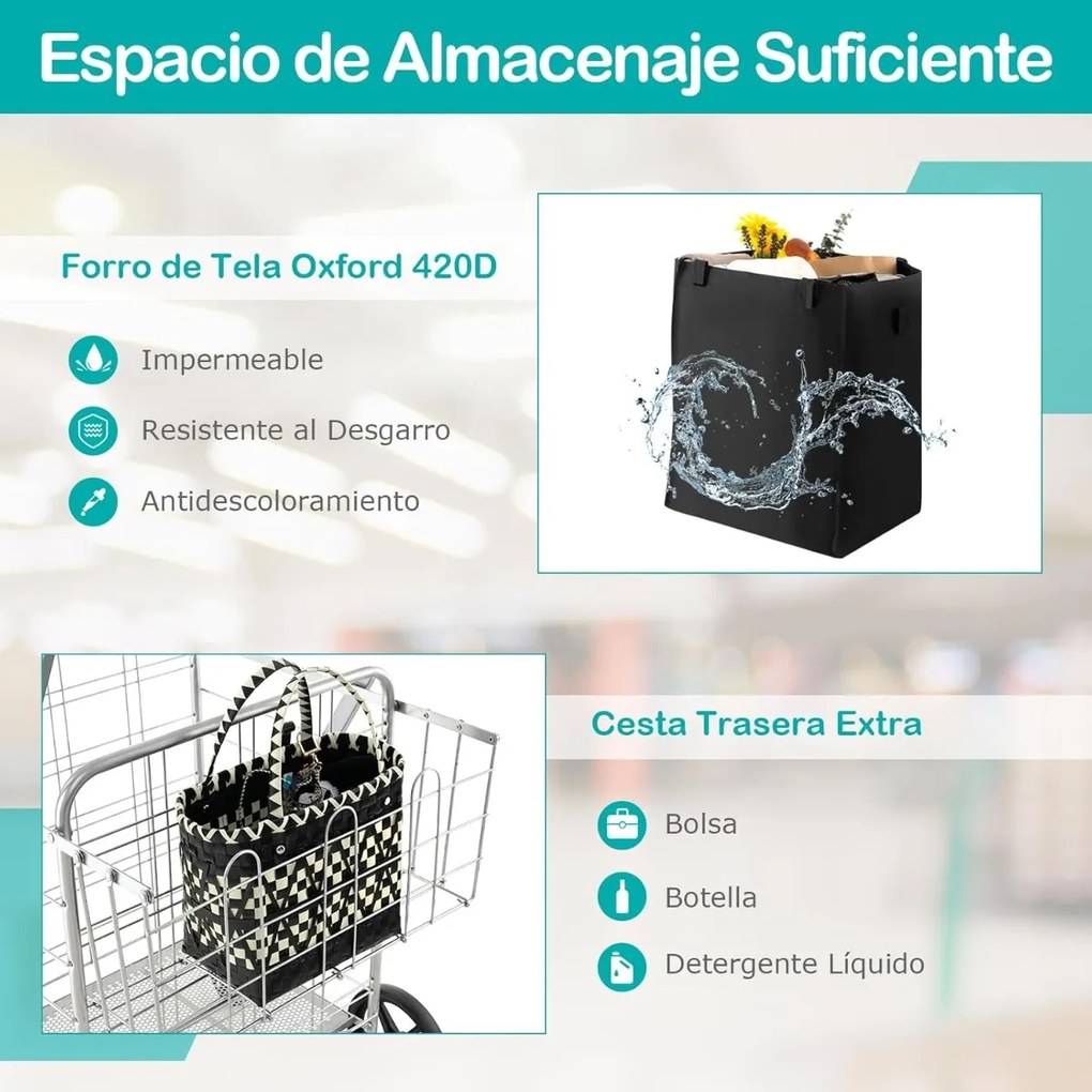 Carrinho de compras dobrável 126L grande e portátil com rodas universais e 2 cestos, bolsa impermeável removível, carga 150 kg Prateado