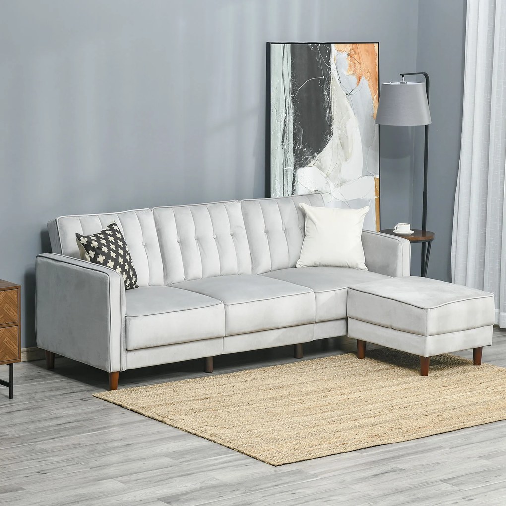 HOMCOM Sofá Cama com Chaise Longue de 3 Lugares Tato Aveludado com Encosto Ajustável e Apoio para os Pés Móvel 218x85x86cm Cinza Claro