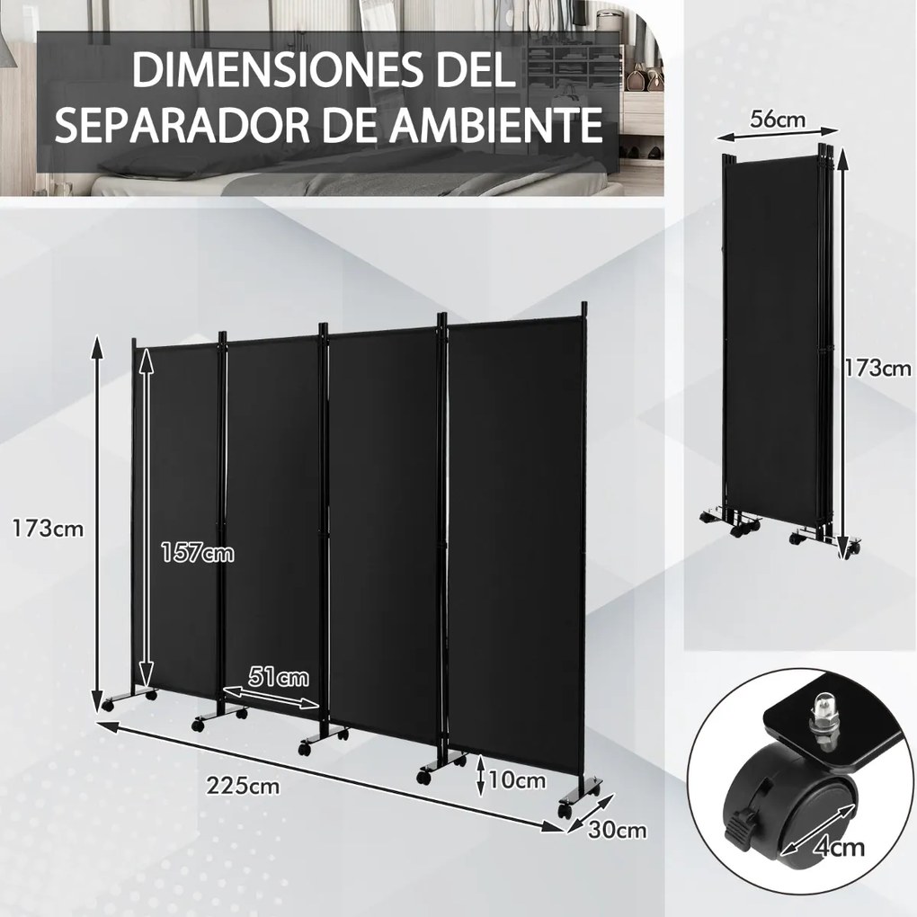 Biombo 4 Painéis Divisor de Ambiente com Rodas Telas de Privacidade Divisor de Ambiente para Casa escritório 225 x 30 x 173 cm Preto
