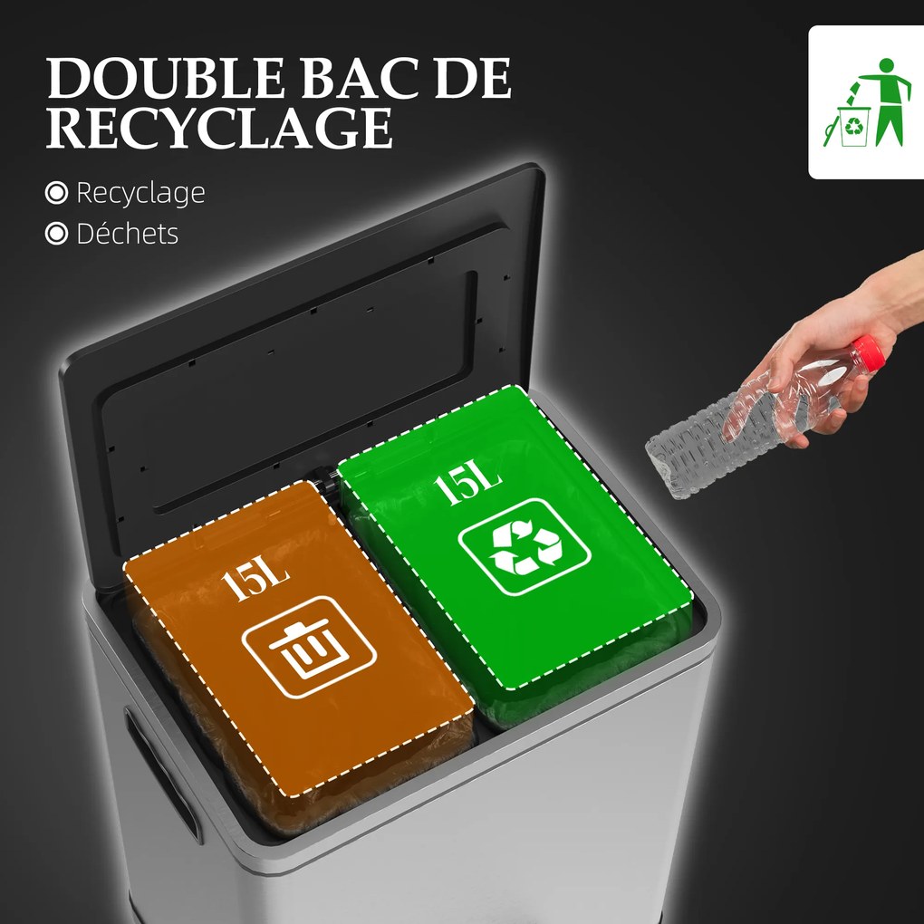 Caixote do lixo de cozinha com 2 compartimentos de 2 x 15 L, com pedal, em aço inoxidável, com tampa de fecho suave prateado