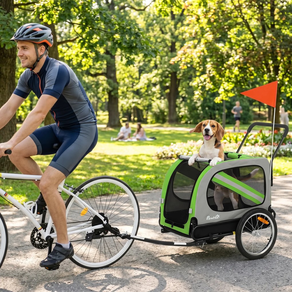 Reboque de Bicicleta para Cães 2 em 1 com Carrinho de Transporte, Refletores e Bandeira de Segurança, Verde
