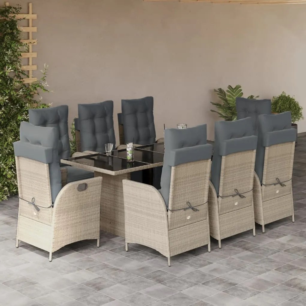 vidaXL 9 pcs conjunto de jantar p/ jardim c/ almofadões cinzento claro
