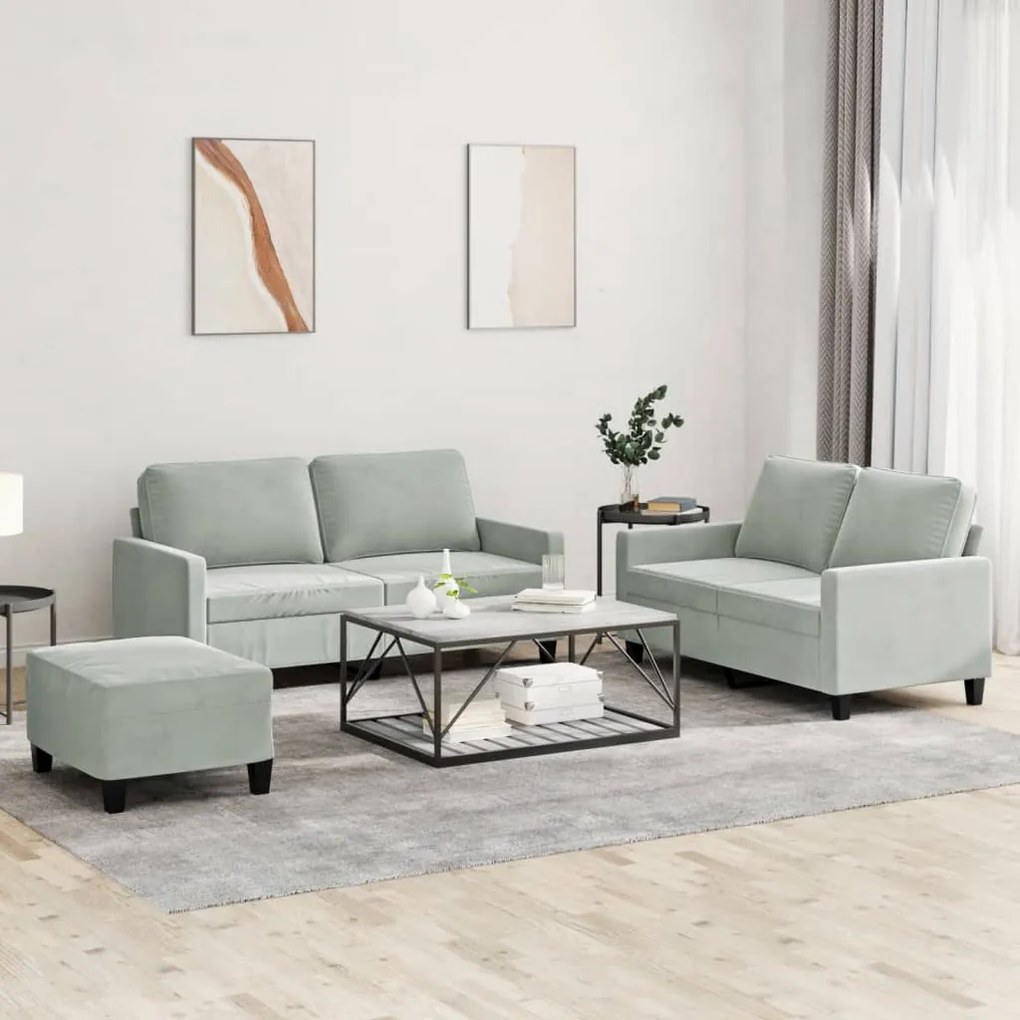 3 pcs conjunto de sofás com almofadões veludo cinzento-claro