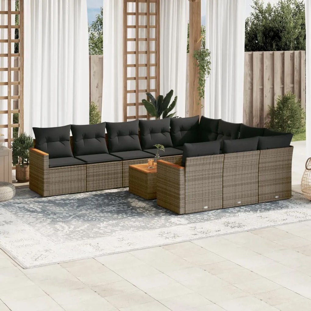 11 pcs conjunto sofás de jardim c/ almofadões vime PE cinzento