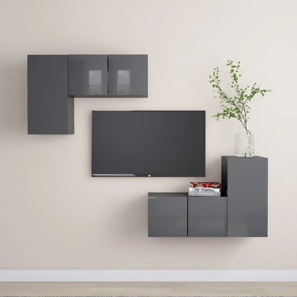 vidaXL 4 pcs conjunto de móveis de TV contraplacado cinzento brilhante