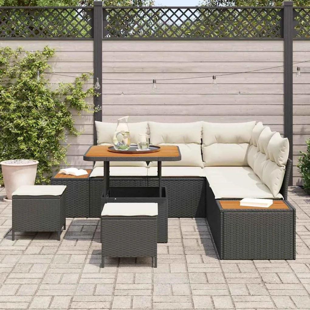 Conjunto de Sofá de Jardim Com 8 Peças e Almofadas Rattan Preto Acácia