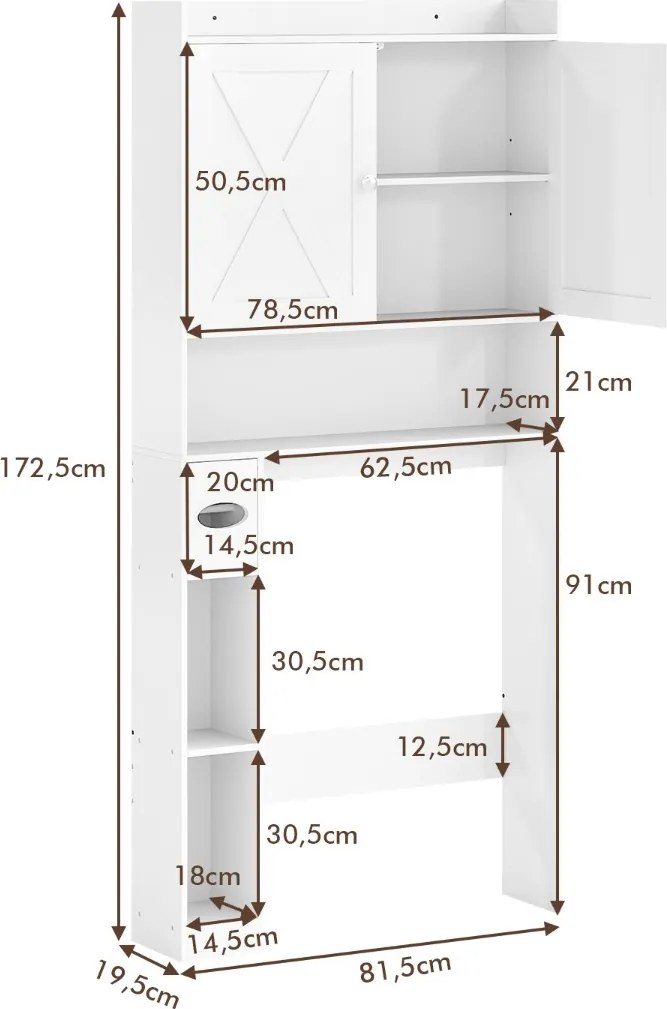 Armário de casa de banho sobre a sanita 81,5 cm x 19,5 cm x 172,5 cm com porta dupla Porta-papel higiênico e prateleira ajustável Branco