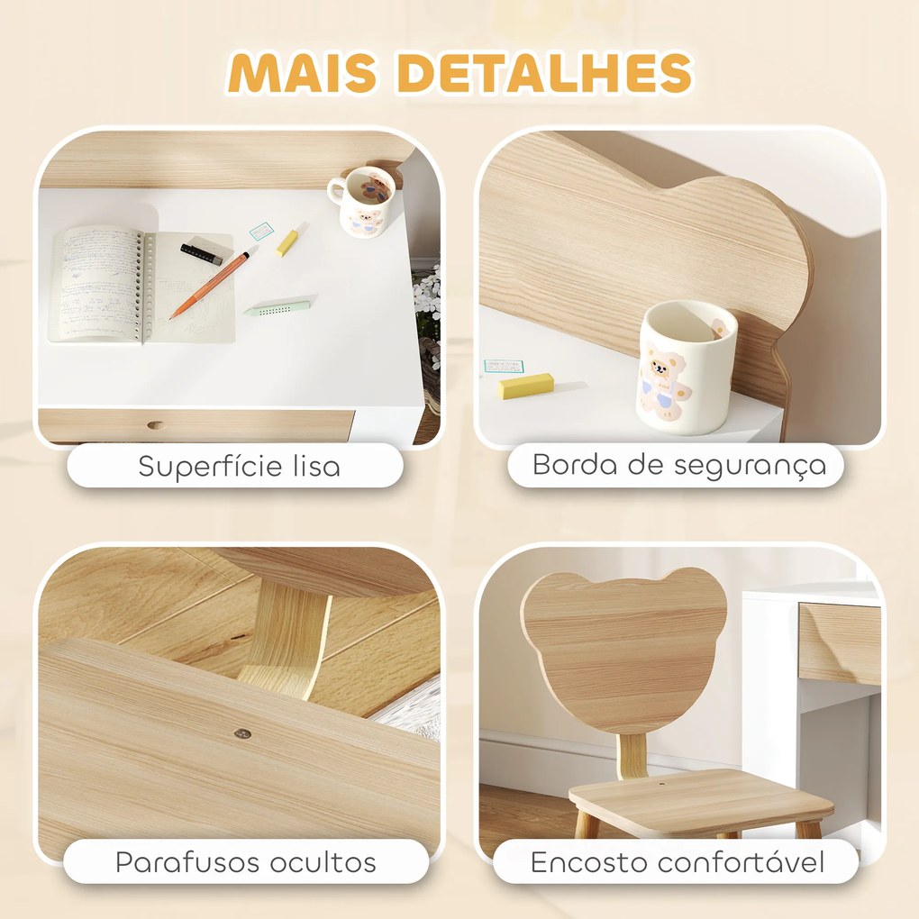 Secretária para Crianças com Cadeira em Forma de Ursinho Secretária Infantil com Gaveta para Estudar Ler e Desenhar Branco e Madeira