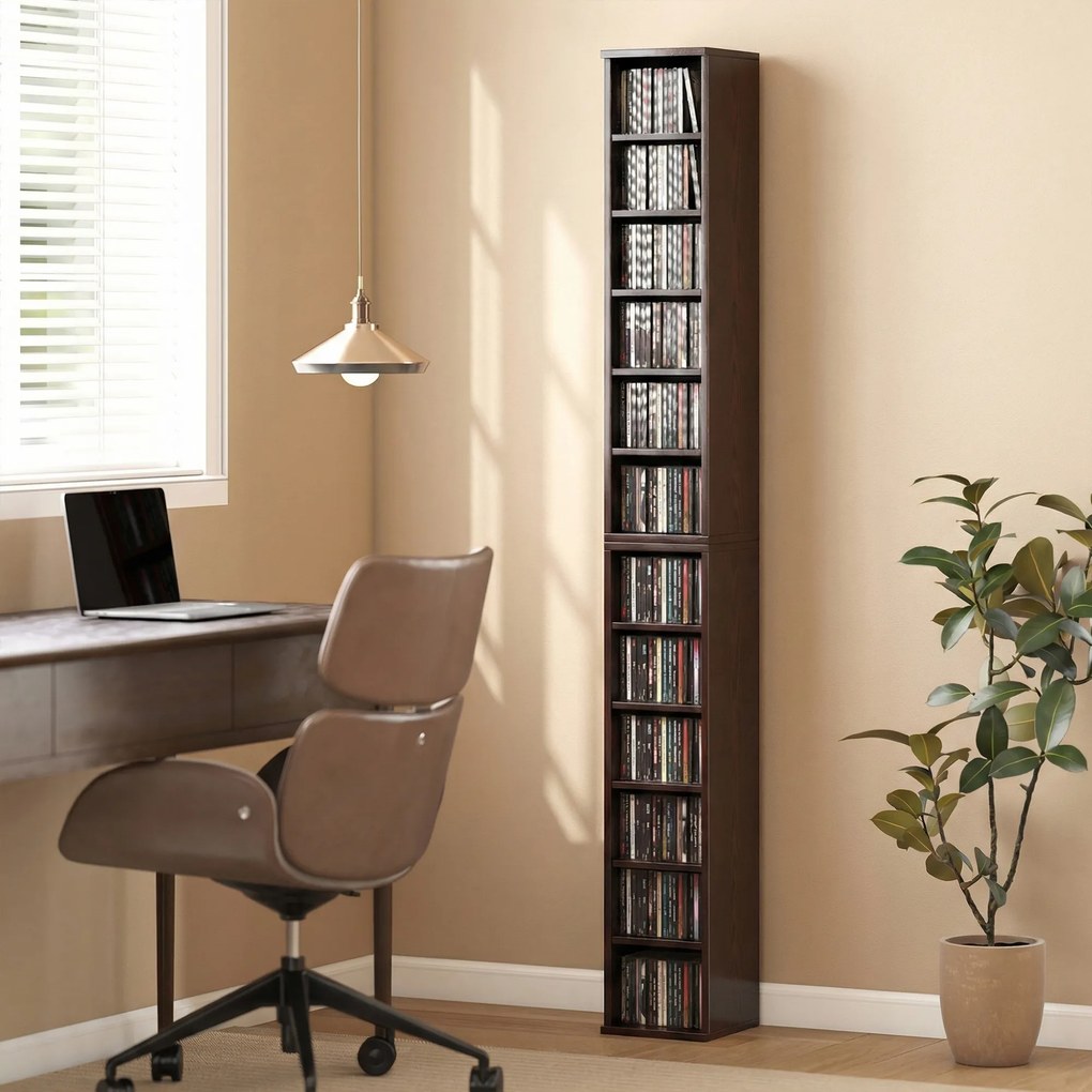 Conjunto de 2 prateleiras verticais para arrumação de CDs e DVDs, com 12 compartimentos, 21 x 22,5 x 88,5 cm, capacidade para 204 CDs, castanho