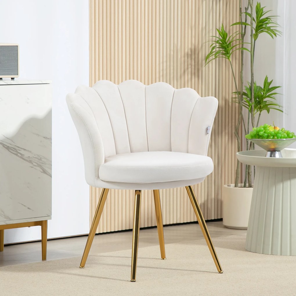 Poltrona em forma de concha, cadeira de Toucador, poltrona de veludo, poltrona de sala com pés em metal dourado e creme
