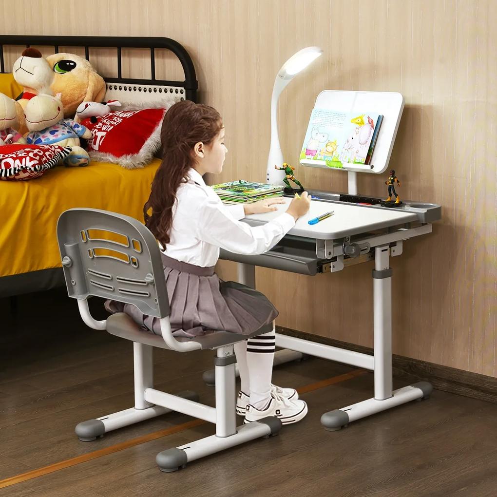 Secretária para crianças com mesa de desenho da cadeira de lâmpada Mesa de leitura infantil Ângulo da mesa de leitura infantil e Altura ajustável Cinz