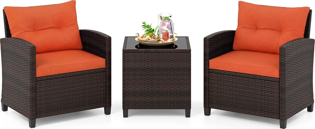 Conjunto jardim de 3 peças: cadeiras de rattan e mesa com tampo de vidro temperado. Mobiliário de exterior em vime para pátio, Castanho com almofadas