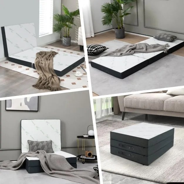 Colchão dobrável em 3 secções 193 x 80 x 10 cm de fibra de bambu e cobertura de tecido respirável com pega Branco e cinzento