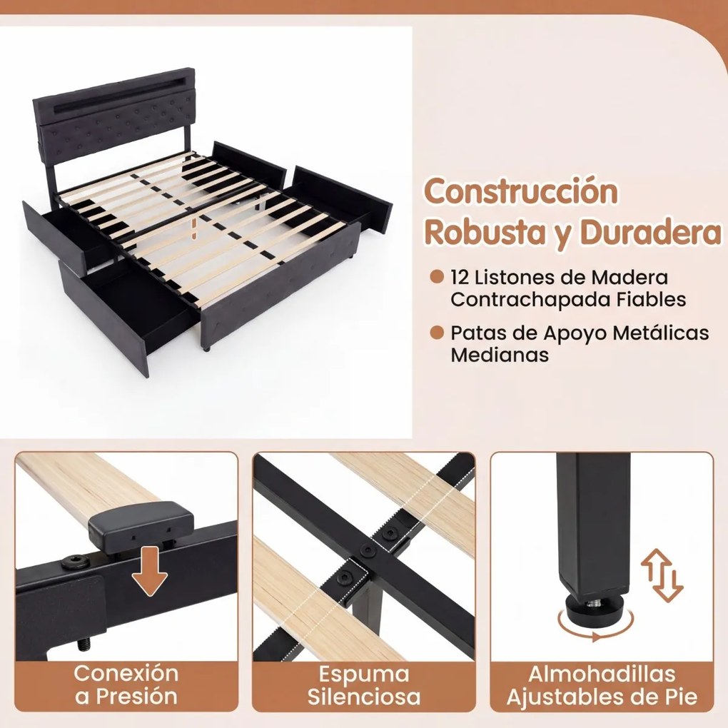 Estrutura de cama 140x200 cm (COLCHÃO NÃO INCLUIDO) com LED USB, estofado, gavetas, cabeceira ajustável, espaço de arrumação, ripas de madeira, não ne