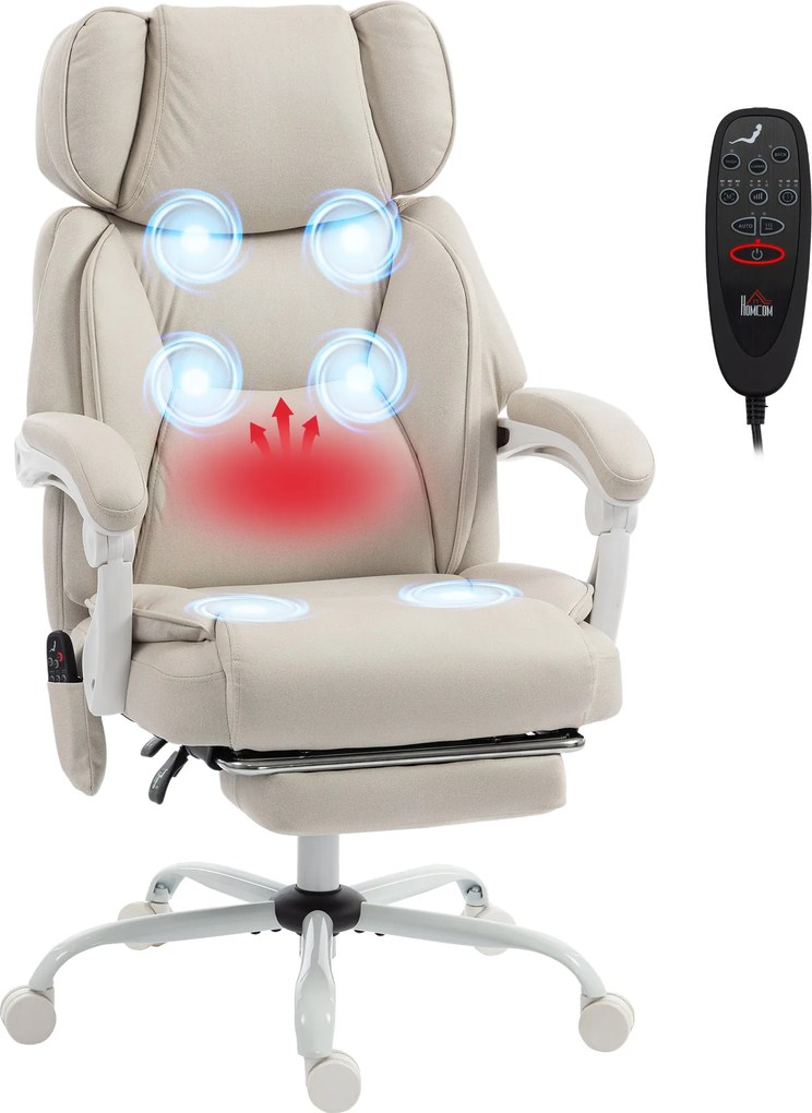 Cadeira de alto encosto com massagem vibratória e aquecimento, ergonómica, reclinável, com apoio para os pés, creme branco