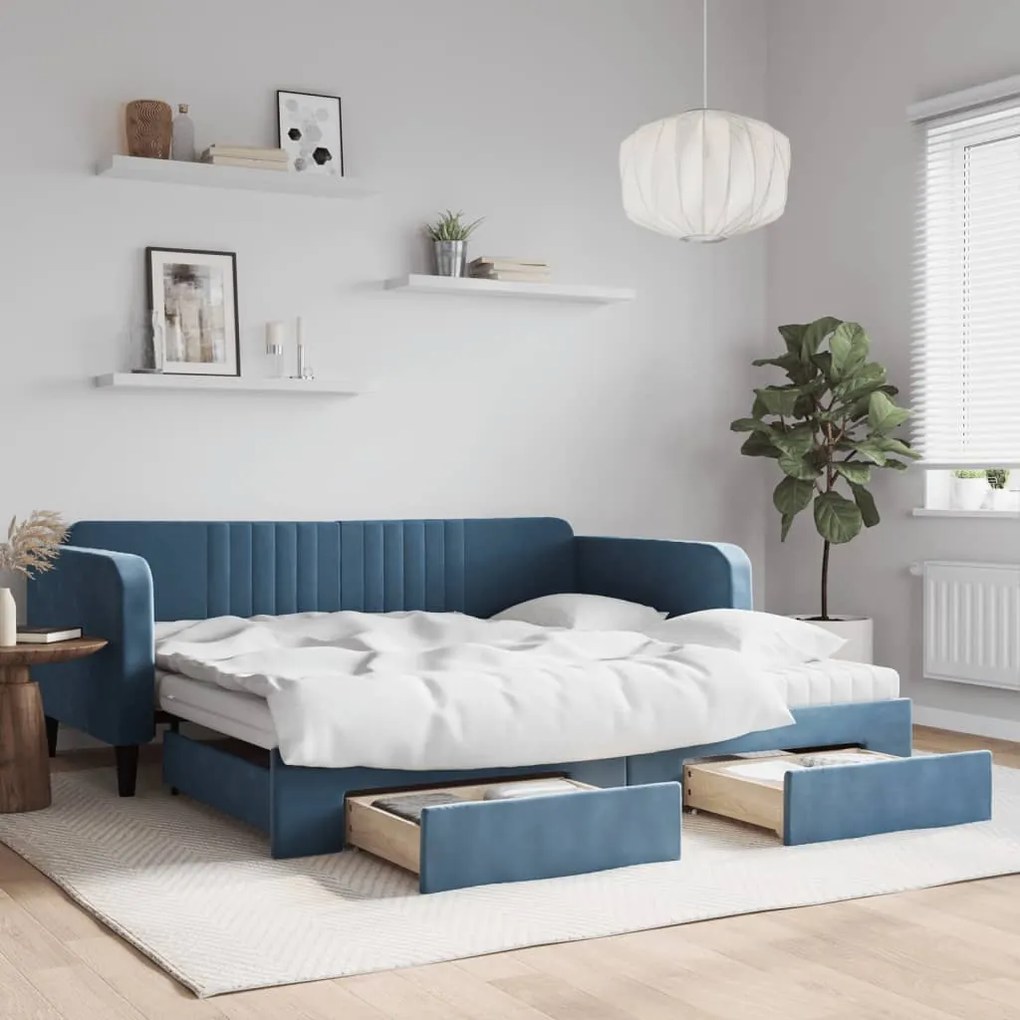 vidaXL Sofá-cama com gavetão e gavetas 100x200 cm veludo azul
