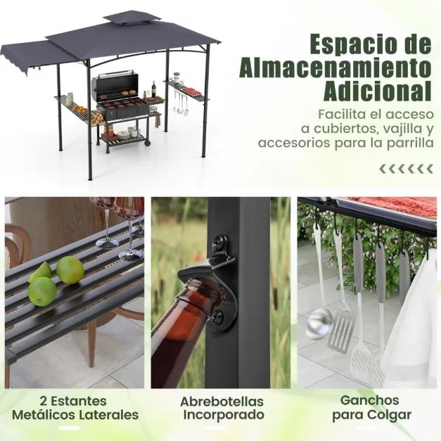 Tenda para Churrasco (Não Incluido) com grelha de 318 x 153 cm Toldo lateral Parte superior de 2 níveis 2 prateleiras laterais Estrutura em metal Cinz