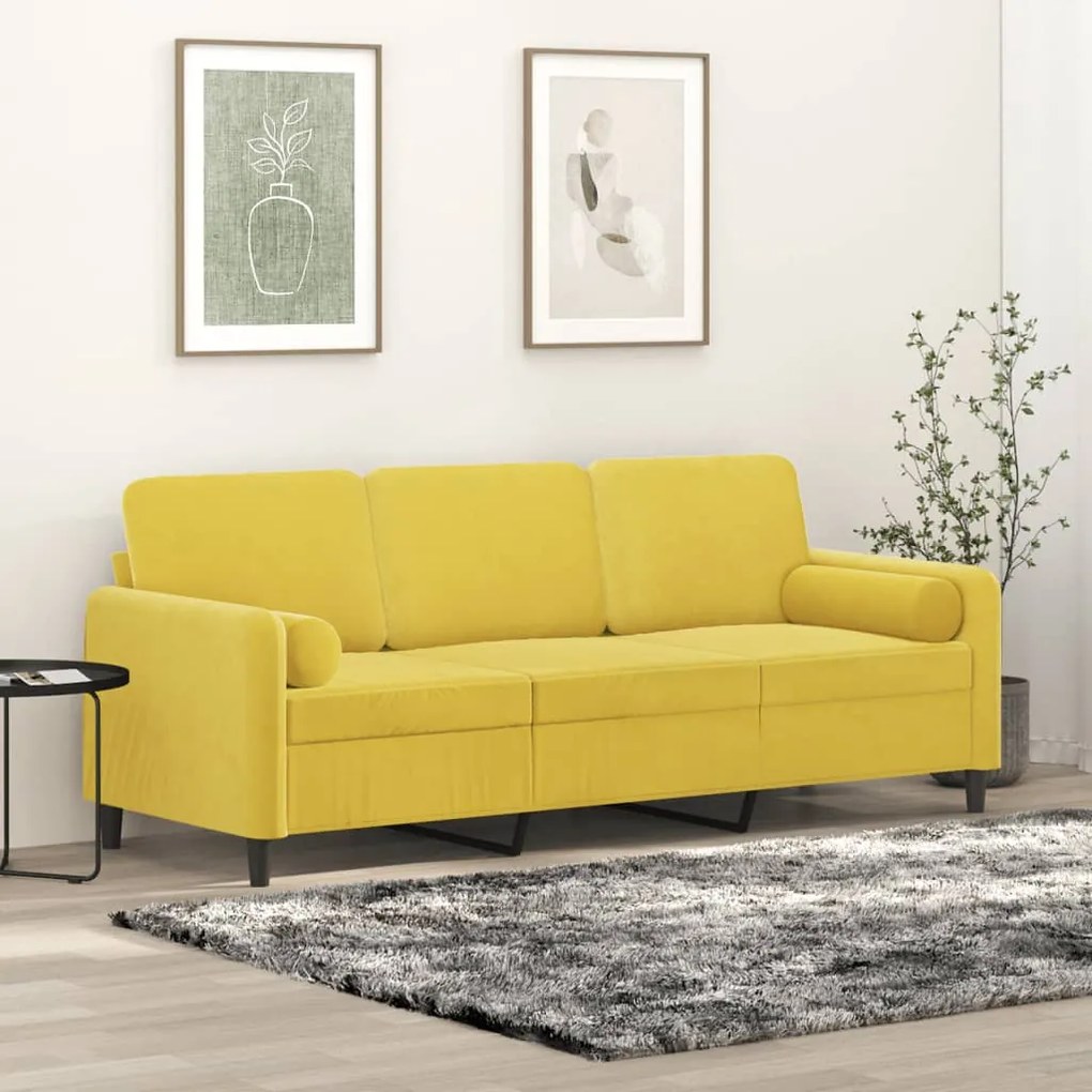 Sofá 3 lugares c/ almofadas decorativas 180 cm veludo amarelo