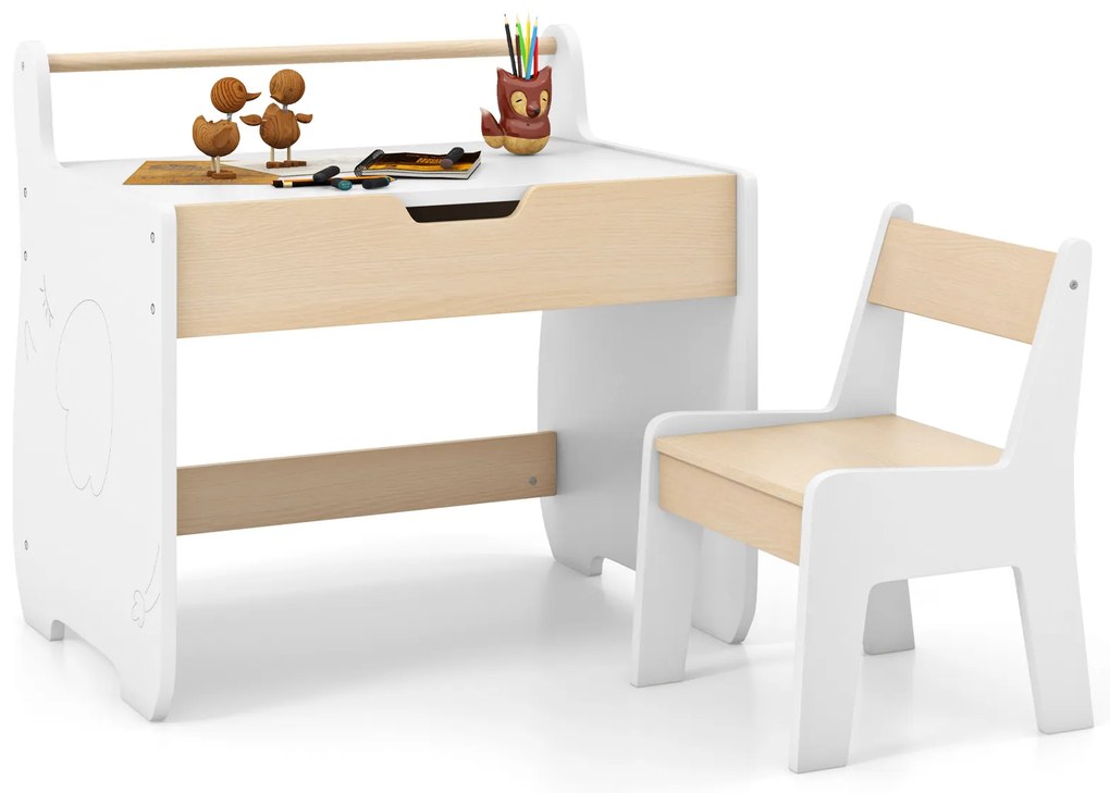 Conjunto de mesa e cadeiras infantis 4 em 1 com tampo reversível e estantes - cinza