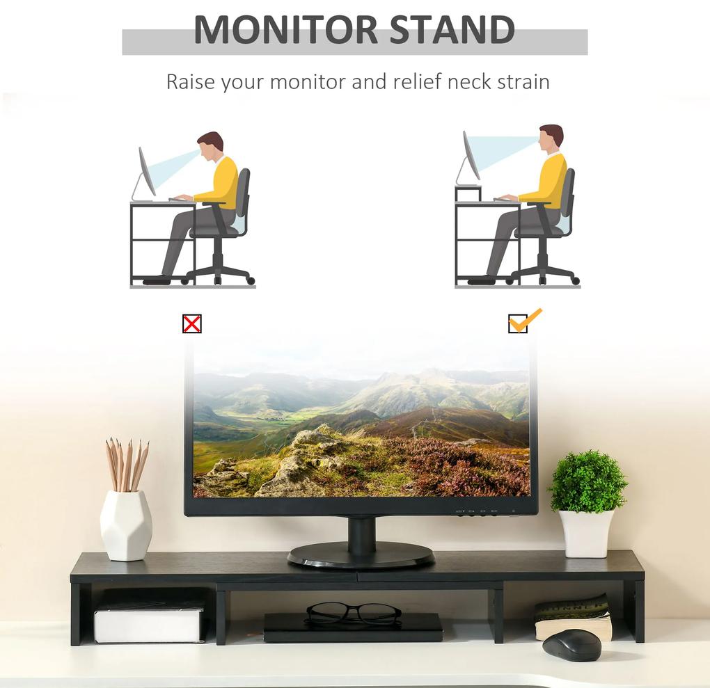 Suporte Elevado para Monitores de Madeira Ajustável em Comprimento e Ângulo para 2 Monitores Notebook 80-117x23,5x10cm Preto
