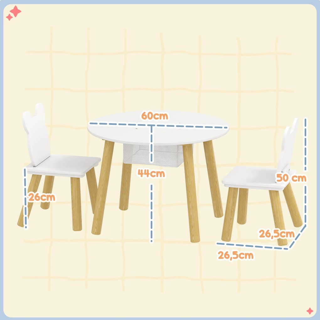 Conjunto composto por 1 mesa redonda e 2 cadeiras infantis de 3 peças, com encosto em forma de urso, para atividades, trabalhos manuais e refeições, p