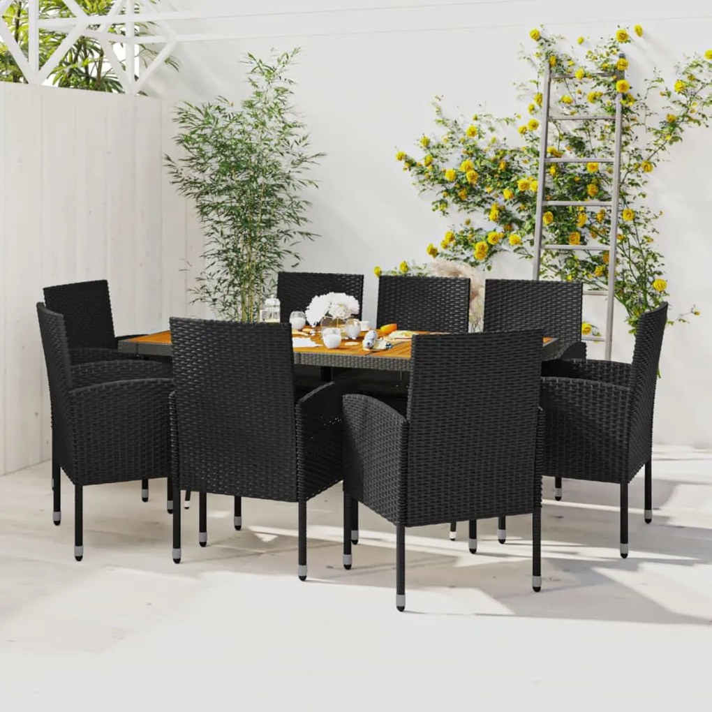 vidaXL 9 pcs Conjunto de jantar p/ exterior vime PE preto