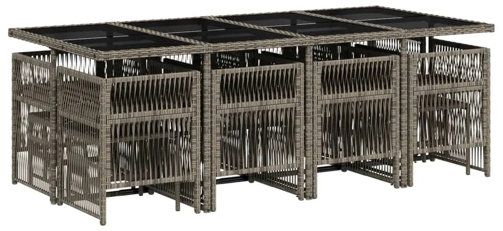 13 pcs conjunto jantar p/ jardim c/ almofadões vime PE cinzento