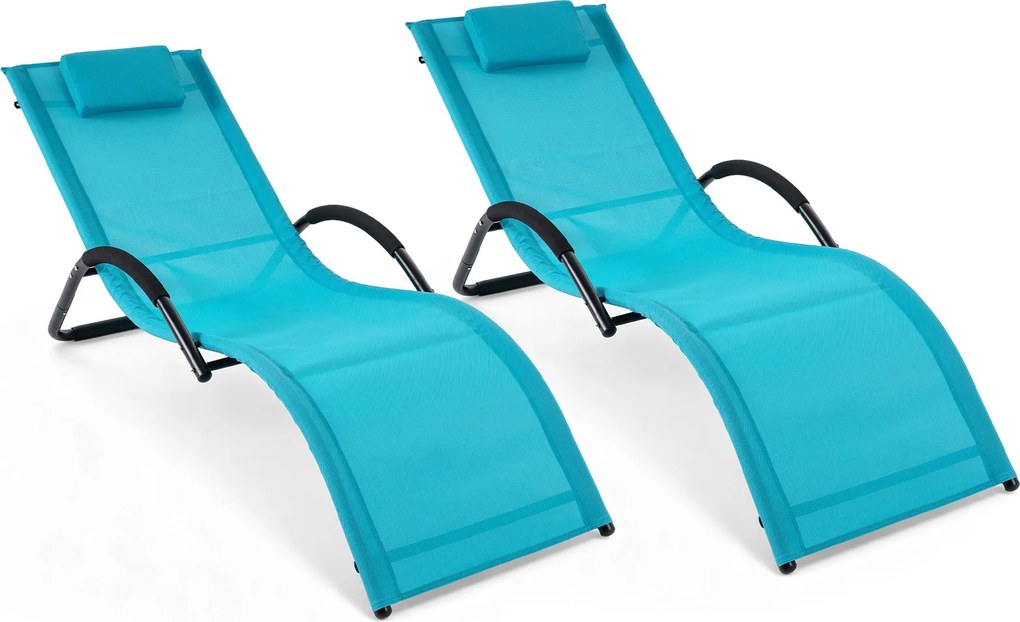 Conjunto de 2 espreguiçadeiras de exterior com estrutura curva, encosto de cabeça removível e apoios de braços ergonómicos para jardim ou praia, azuis