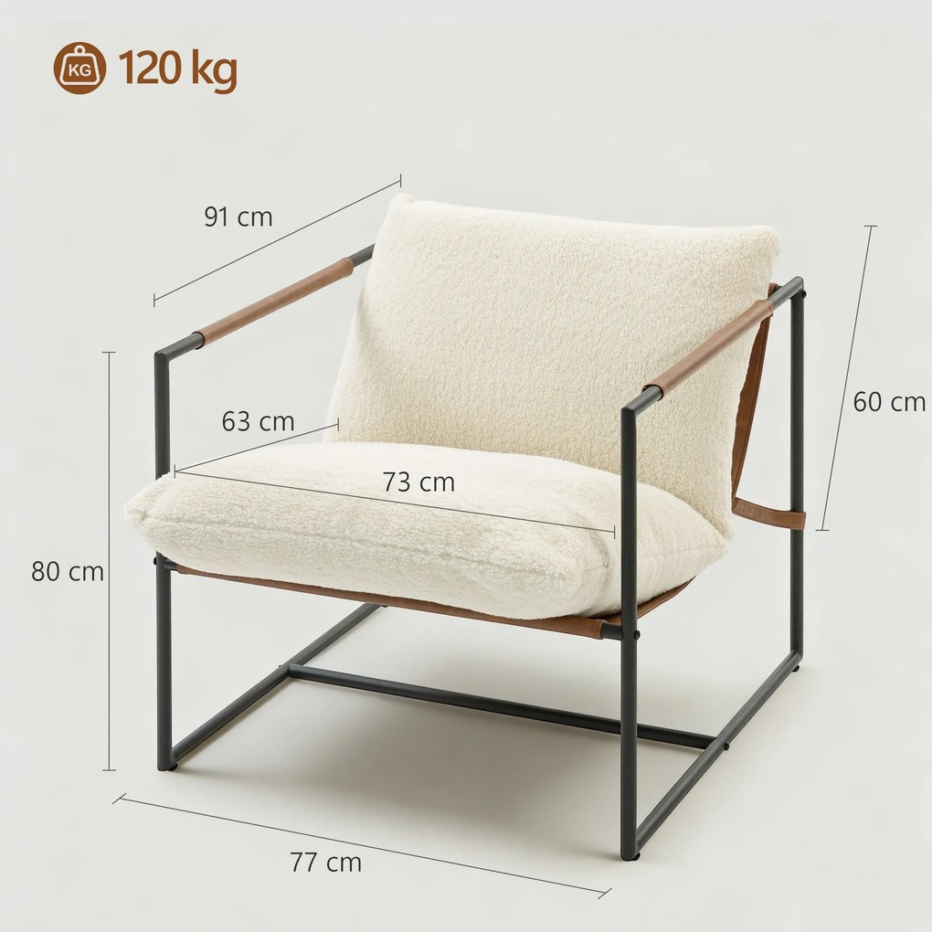 Poltrona de sala 77x91x80 cm, estofada em tecido bouclé, assento largo e estrutura em aço,, creme