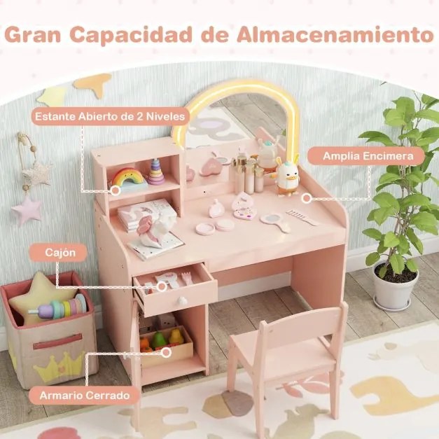 Conjunto de toucador e cadeira para crianças a partir dos 3 anos com prateleiras, gaveta, armário, luzes LED de 2 cores, espelho acrílico