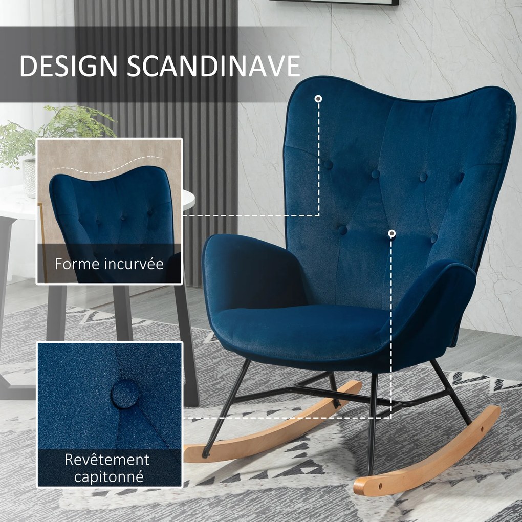 Cadeira de baloiço, confortável com estrutura em madeira maciça e metal para a sala de estar, quarto, varanda, veludo azul