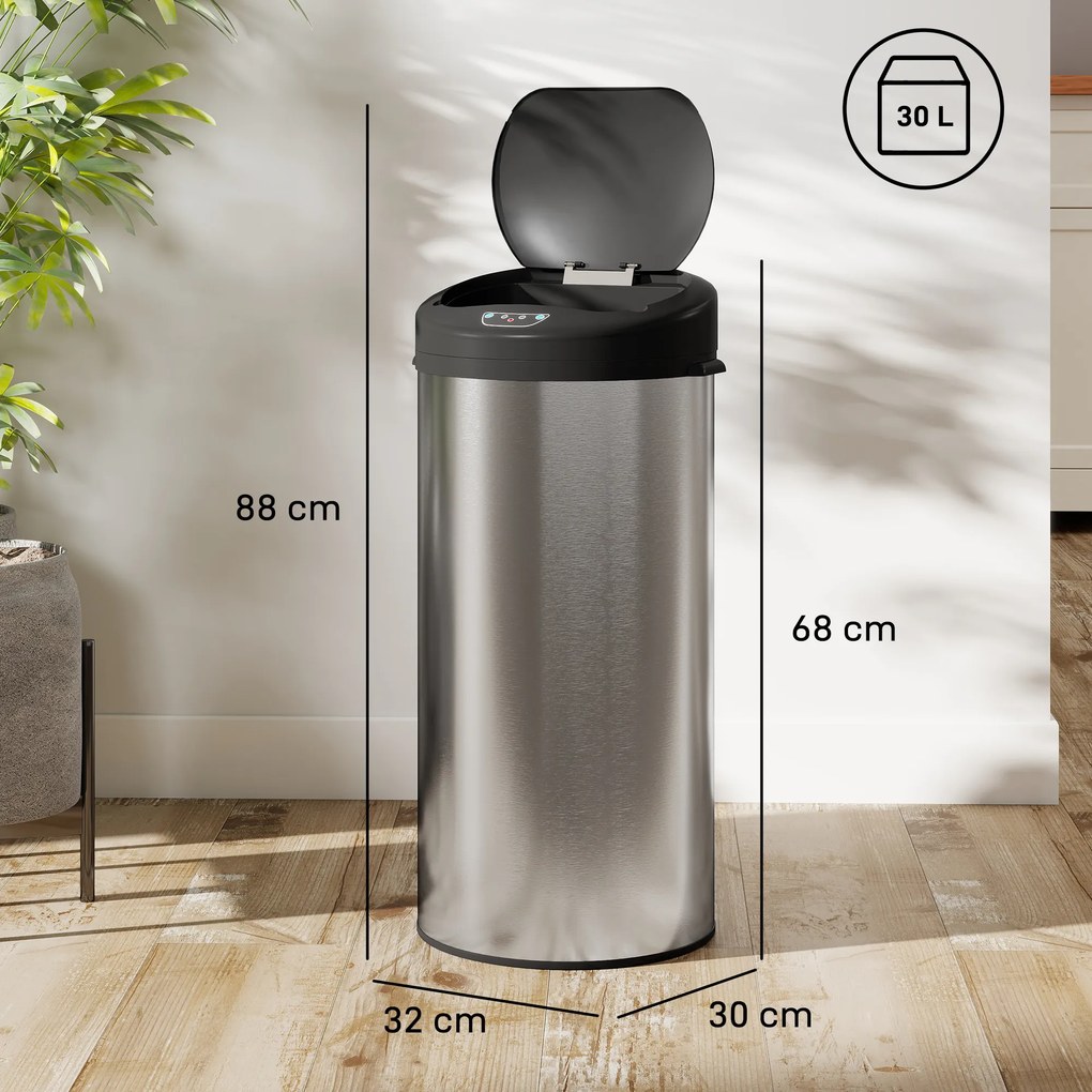 Caixote do lixo automático de cozinha de 30 L em aço inoxidável, tampa com fecho suave, 32 x 30 x 68 cm, prateado