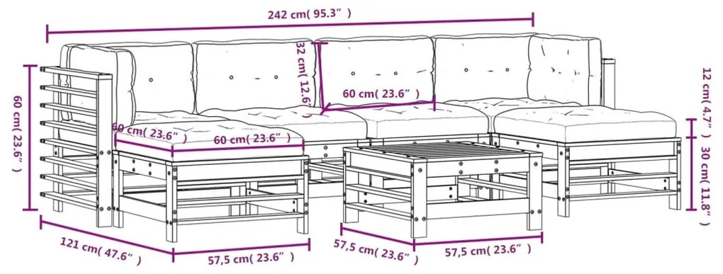 7 pcs conjunto lounge jardim c/ almofadões madeira maciça