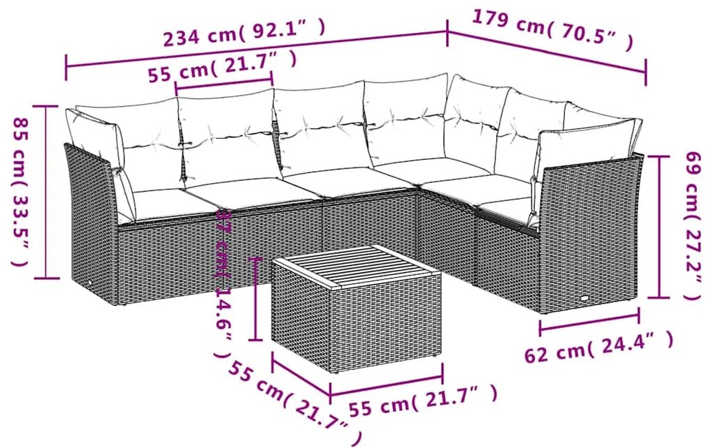 7 pcs conjunto sofás p/ jardim c/ almofadões vime PE cinzento