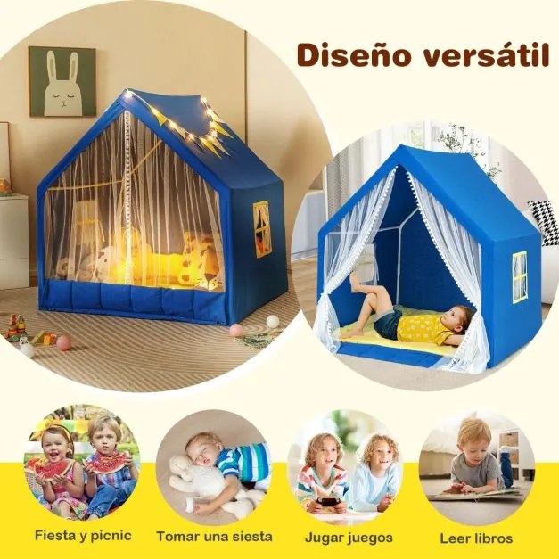 Tenda Infantil com Tapete de Algodão Lavável, Luzes de Estrelas e Janelas 122 x 105 x 125 cm Azul
