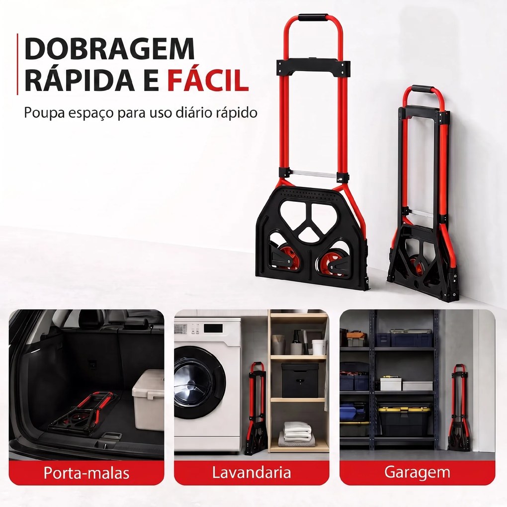 Carrinho de Carga Dobrável com Pega Telescópica Ajustável, 60 kg, com Rodas, para Garagem e Escritório, Vermelho