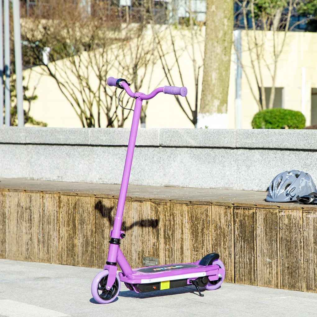 Trotinete elétrico para crianças dos 6 aos 14 anos, velocidade máxima de 10 km/h, luzes LED coloridas, travão elétrico, roxo
