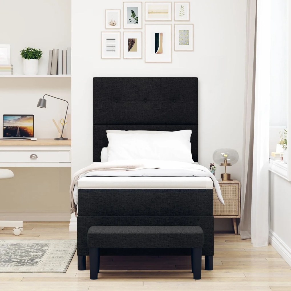 Cama Box Spring com Colchão e Banco Preto 90x190 cm Tecido