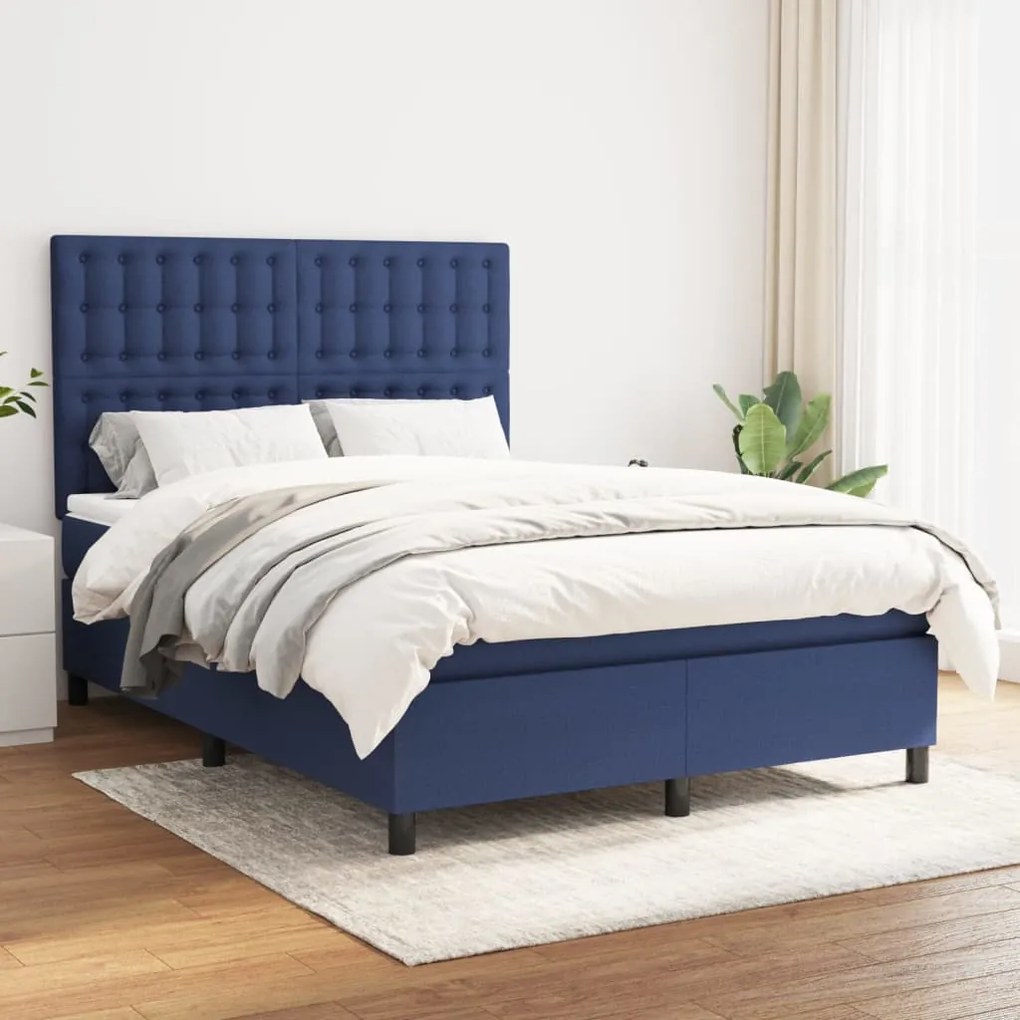 vidaXL Cama com molas/colchão 140x200 cm tecido azul