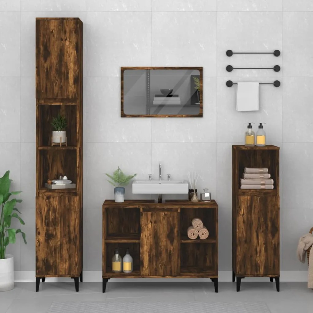 vidaXL 3 pcs conjunto de móveis WC madeira processada carvalho fumado