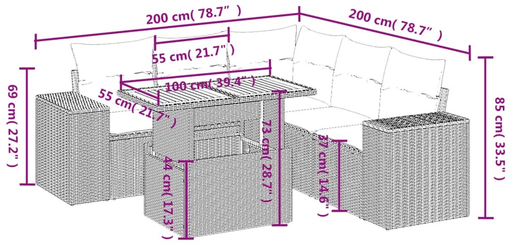 6 pcs conjunto de sofás p/ jardim com almofadões vime PE bege