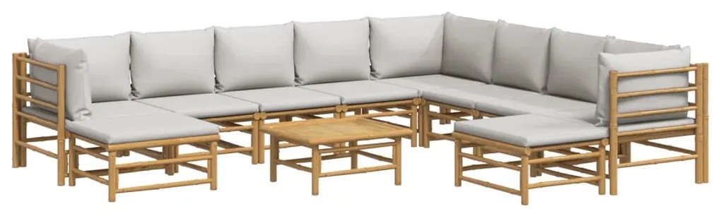 11 pcs conj. lounge de jardim bambu c/ almofadões cinza-claro