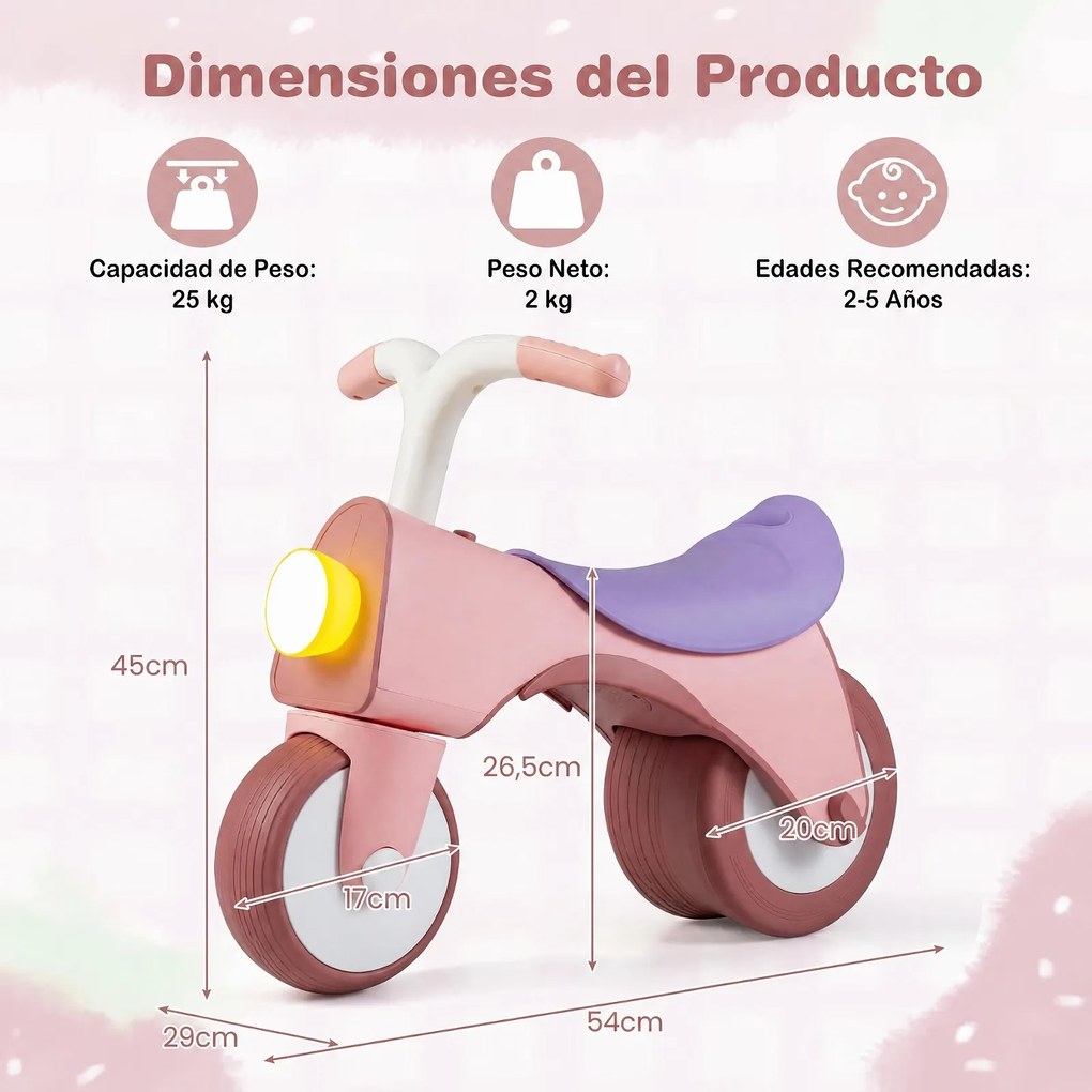 Bicicleta de Equilíbrio Infantil, 54 x 29 x 45 cm, Com Luz e Música, cor-de-rosa
