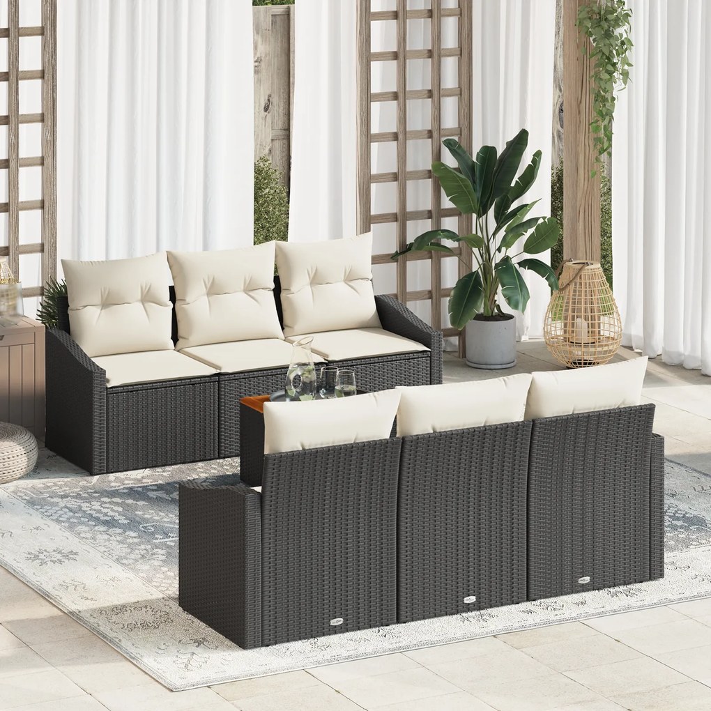 Conjunto de Sofá de Jardim de 7 Peças com Almofadas Preto Rattan de Po